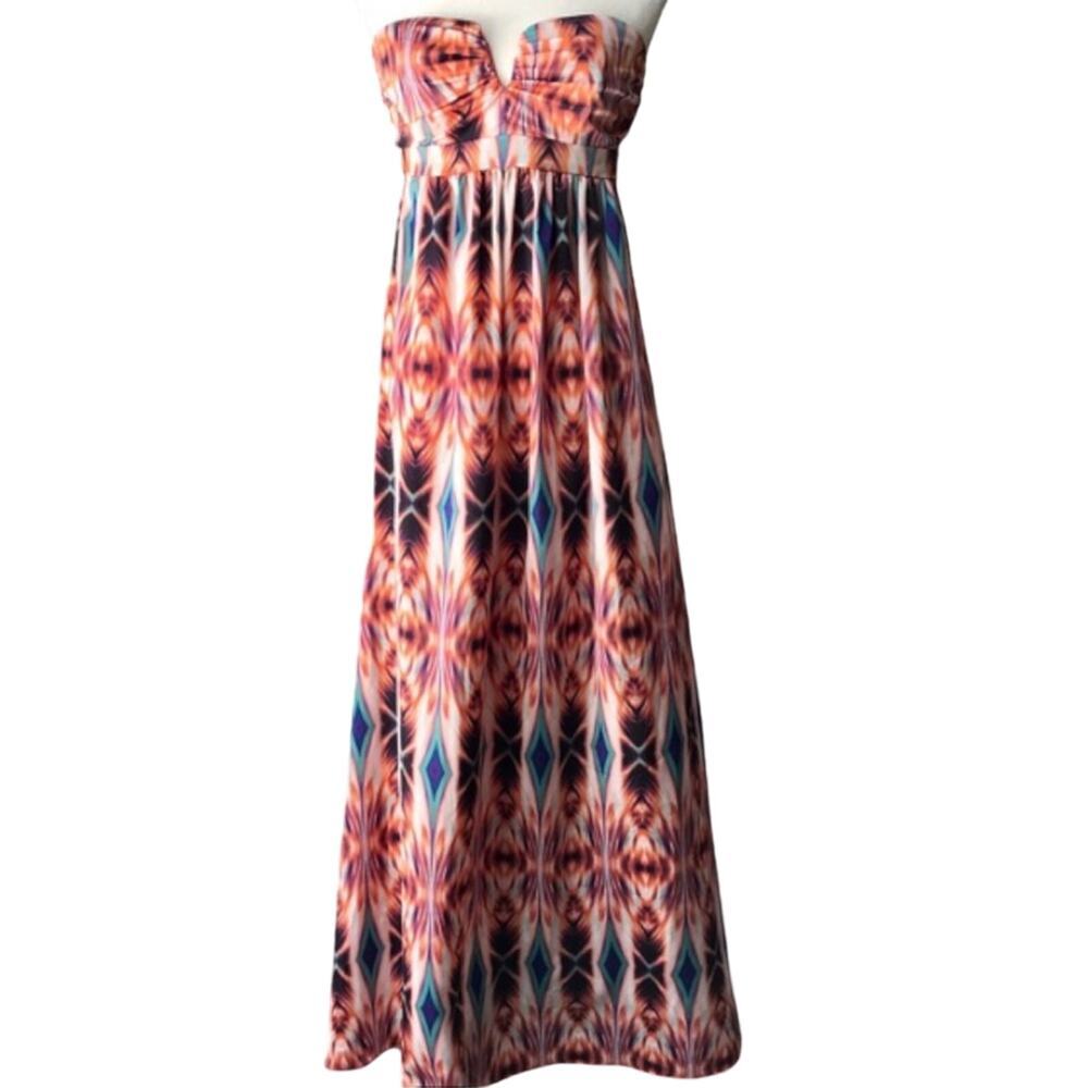 NWOT Nicole Miller Chiffon Strapless Boho Maxi Dress Geometric Print Size 4